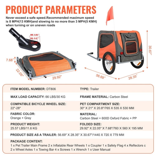 Dog Bike Trailer, Supports up to 66 lbs, Pet Cart Bicycle Carrier,